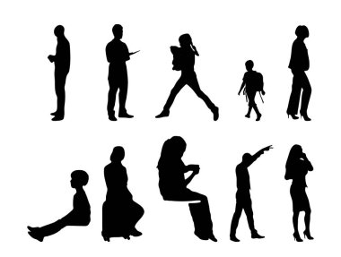 Vektör siluetleri, insanların ana hatları, Contour çizimleri, insanların siluetleri, ikon kümesi izole edilmiş, oturan insanların silueti, mimari set