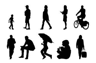 Vektör siluetleri, insanların ana hatları, Contour çizimleri, insanların siluetleri, ikon kümesi izole edilmiş, oturan insanların silueti, mimari set