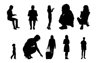 Vektör siluetleri, insanların ana hatları, Contour çizimleri, insanların siluetleri, ikon kümesi izole edilmiş, oturan insanların silueti, mimari set