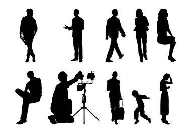 Vektör siluetleri, insanların ana hatları, Contour çizimleri, insanların siluetleri, ikon kümesi izole edilmiş, oturan insanların silueti, mimari set