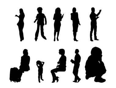 Vektör siluetleri, insanların ana hatları, Contour çizimleri, insanların siluetleri, ikon kümesi izole edilmiş, oturan insanların silueti, mimari set