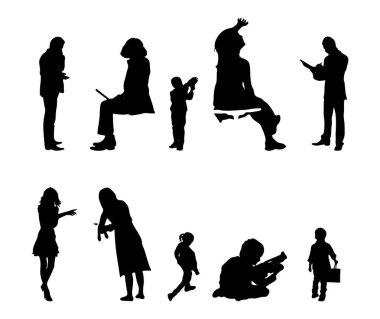 Vektör siluetleri, insanların ana hatları, Contour çizimleri, insanların siluetleri, ikon kümesi izole edilmiş, oturan insanların silueti, mimari set