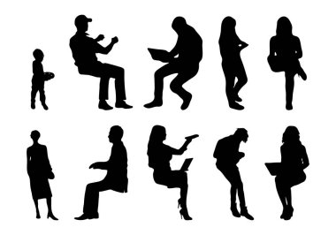 Vektör siluetleri, insanların ana hatları, Contour çizimleri, insanların siluetleri, ikon kümesi izole edilmiş, oturan insanların silueti, mimari set