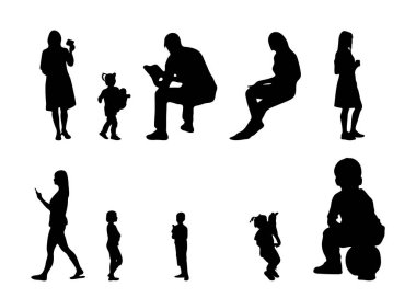 Vektör siluetleri, insanların ana hatları, Contour çizimleri, insanların siluetleri, ikon kümesi izole edilmiş, oturan insanların silueti, mimari set
