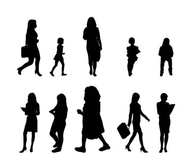 Vektör siluetleri, insanların ana hatları, Contour çizimleri, insanların siluetleri, ikon kümesi izole edilmiş, oturan insanların silueti, mimari set