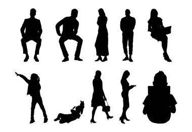Vektör siluetleri, insanların ana hatları, Contour çizimleri, insanların siluetleri, ikon kümesi izole edilmiş, oturan insanların silueti, mimari set