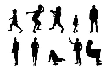 Vektör siluetleri, insanların ana hatları, Contour çizimleri, insanların siluetleri, ikon kümesi izole edilmiş, oturan insanların silueti, mimari set
