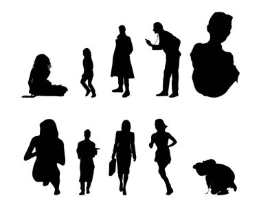 Vektör siluetleri, insanların ana hatları, Contour çizimleri, insanların siluetleri, ikon kümesi izole edilmiş, oturan insanların silueti, mimari set