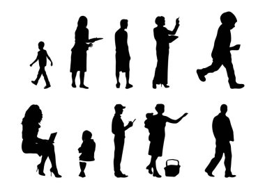 Vektör siluetleri, insanların ana hatları, Contour çizimleri, insanların siluetleri, ikon kümesi izole edilmiş, oturan insanların silueti, mimari set