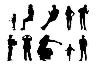 Vektör siluetleri, insanların ana hatları, Contour çizimleri, insanların siluetleri, ikon kümesi izole edilmiş, oturan insanların silueti, mimari set