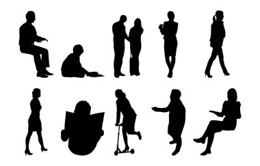 Vektör siluetleri, insanların ana hatları, Contour çizimleri, insanların siluetleri, ikon kümesi izole edilmiş, oturan insanların silueti, mimari set