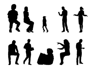 Vektör siluetleri, insanların ana hatları, Contour çizimleri, insanların siluetleri, ikon kümesi izole edilmiş, oturan insanların silueti, mimari set