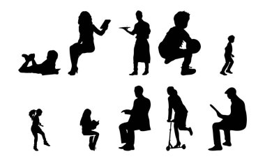 Vektör siluetleri, insanların ana hatları, Contour çizimleri, insanların siluetleri, ikon kümesi izole edilmiş, oturan insanların silueti, mimari set