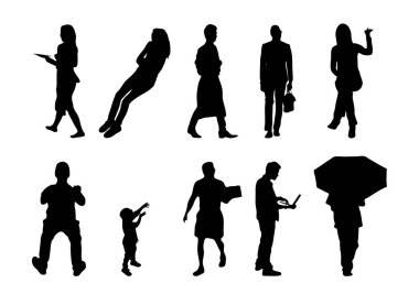 Vektör siluetleri, insanların ana hatları, Contour çizimleri, insanların siluetleri, ikon kümesi izole edilmiş, oturan insanların silueti, mimari set