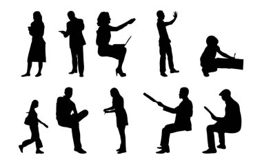 Vektör siluetleri, insanların ana hatları, Contour çizimleri, insanların siluetleri, ikon kümesi izole edilmiş, oturan insanların silueti, mimari set