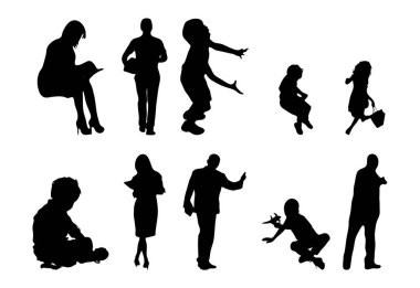 Vektör siluetleri, insanların ana hatları, Contour çizimleri, insanların siluetleri, ikon kümesi izole edilmiş, oturan insanların silueti, mimari set