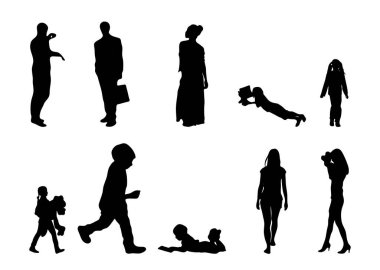Vektör siluetleri, insanların ana hatları, Contour çizimleri, insanların siluetleri, ikon kümesi izole edilmiş, oturan insanların silueti, mimari set