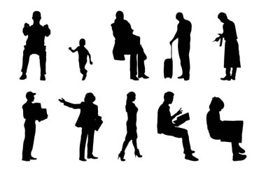 Vektör siluetleri, insanların ana hatları, Contour çizimleri, insanların siluetleri, ikon kümesi izole edilmiş, oturan insanların silueti, mimari set