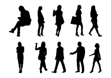 Vektör siluetleri, insanların ana hatları, Contour çizimleri, insanların siluetleri, ikon kümesi izole edilmiş, oturan insanların silueti, mimari set