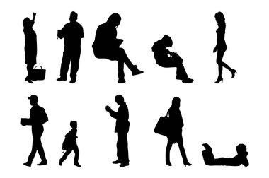 Vektör siluetleri, insanların ana hatları, Contour çizimleri, insanların siluetleri, ikon kümesi izole edilmiş, oturan insanların silueti, mimari set