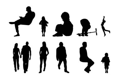 Vektör siluetleri, insanların ana hatları, Contour çizimleri, insanların siluetleri, ikon kümesi izole edilmiş, oturan insanların silueti, mimari set