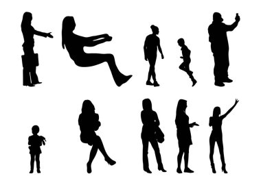 Vektör siluetleri, insanların ana hatları, Contour çizimleri, insanların siluetleri, ikon kümesi izole edilmiş, oturan insanların silueti, mimari set