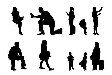 Vektör siluetleri, insanların ana hatları, Contour çizimleri, insanların siluetleri, ikon kümesi izole edilmiş, oturan insanların silueti, mimari set