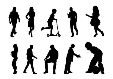 Vektör siluetleri, insanların ana hatları, Contour çizimleri, insanların siluetleri, ikon kümesi izole edilmiş, oturan insanların silueti, mimari set