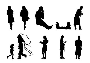 Vektör siluetleri, insanların ana hatları, Contour çizimleri, insanların siluetleri, ikon kümesi izole edilmiş, oturan insanların silueti, mimari set