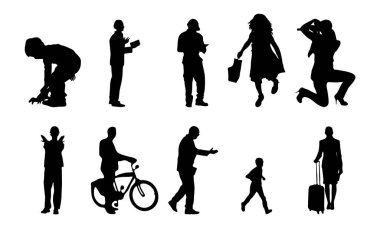 Vektör siluetleri, insanların ana hatları, Contour çizimleri, insanların siluetleri, ikon kümesi izole edilmiş, oturan insanların silueti, mimari set