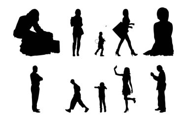Vektör siluetleri, insanların ana hatları, Contour çizimleri, insanların siluetleri, ikon kümesi izole edilmiş, oturan insanların silueti, mimari set