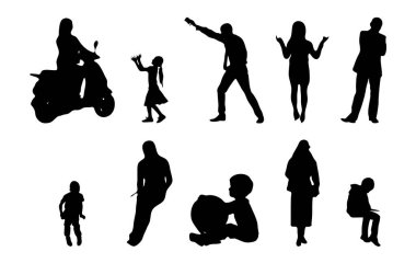 Vektör siluetleri, insanların ana hatları, Contour çizimleri, insanların siluetleri, ikon kümesi izole edilmiş, oturan insanların silueti, mimari set