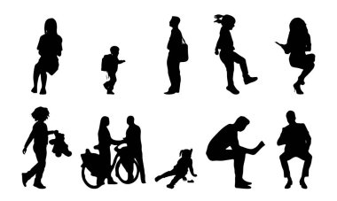 Vektör siluetleri, insanların ana hatları, Contour çizimleri, insanların siluetleri, ikon kümesi izole edilmiş, oturan insanların silueti, mimari set