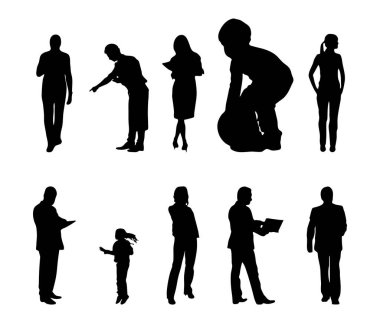 Vektör siluetleri, insanların ana hatları, Contour çizimleri, insanların siluetleri, ikon kümesi izole edilmiş, oturan insanların silueti, mimari set