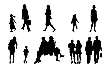 Vektör siluetleri, insanların ana hatları, Contour çizimleri, insanların siluetleri, ikon kümesi izole edilmiş, oturan insanların silueti, mimari set