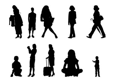 Vektör siluetleri, insanların ana hatları, Contour çizimleri, insanların siluetleri, ikon kümesi izole edilmiş, oturan insanların silueti, mimari set