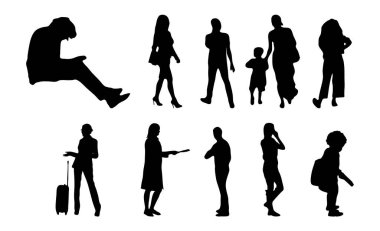 Vektör siluetleri, insanların ana hatları, Contour çizimleri, insanların siluetleri, ikon kümesi izole edilmiş, oturan insanların silueti, mimari set