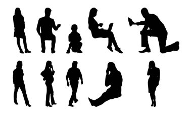 Vektör siluetleri, insanların ana hatları, Contour çizimleri, insanların siluetleri, ikon kümesi izole edilmiş, oturan insanların silueti, mimari set