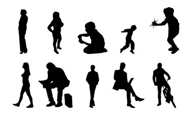Vektör siluetleri, insanların ana hatları, Contour çizimleri, insanların siluetleri, ikon kümesi izole edilmiş, oturan insanların silueti, mimari set
