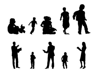 Vektör siluetleri, insanların ana hatları, Contour çizimleri, insanların siluetleri, ikon kümesi izole edilmiş, oturan insanların silueti, mimari set