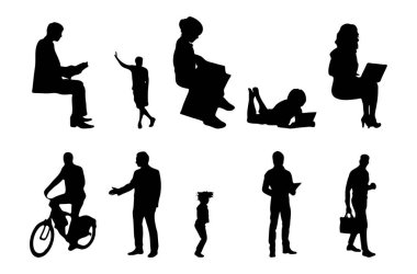 Vektör siluetleri, insanların ana hatları, Contour çizimleri, insanların siluetleri, ikon kümesi izole edilmiş, oturan insanların silueti, mimari set