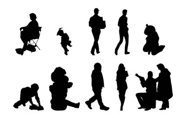 Vektör siluetleri, insanların ana hatları, Contour çizimleri, insanların siluetleri, ikon kümesi izole edilmiş, oturan insanların silueti, mimari set