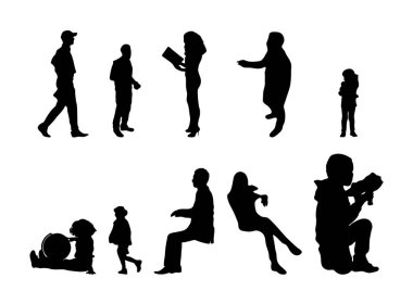 Vektör siluetleri, insanların ana hatları, Contour çizimleri, insanların siluetleri, ikon kümesi izole edilmiş, oturan insanların silueti, mimari set