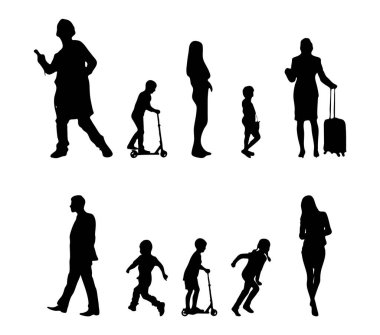 Vektör siluetleri, insanların ana hatları, Contour çizimleri, insanların siluetleri, ikon kümesi izole edilmiş, oturan insanların silueti, mimari set