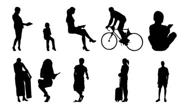 Vektör siluetleri, insanların ana hatları, Contour çizimleri, insanların siluetleri, ikon kümesi izole edilmiş, oturan insanların silueti, mimari set