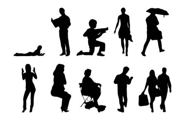 Vektör siluetleri, insanların ana hatları, Contour çizimleri, insanların siluetleri, ikon kümesi izole edilmiş, oturan insanların silueti, mimari set