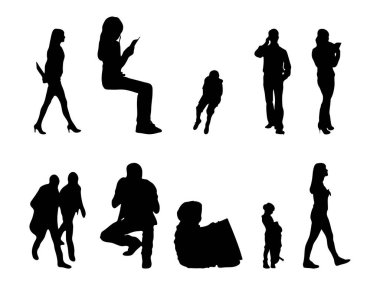 Vektör siluetleri, insanların ana hatları, Contour çizimleri, insanların siluetleri, ikon kümesi izole edilmiş, oturan insanların silueti, mimari set