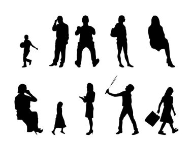 Vektör siluetleri, insanların ana hatları, Contour çizimleri, insanların siluetleri, ikon kümesi izole edilmiş, oturan insanların silueti, mimari set
