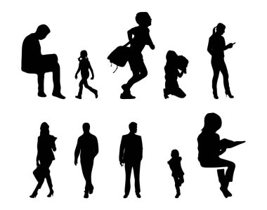 Vektör siluetleri, insanların ana hatları, Contour çizimleri, insanların siluetleri, ikon kümesi izole edilmiş, oturan insanların silueti, mimari set