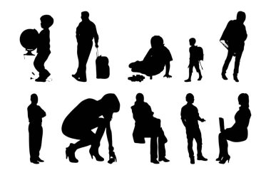 Vektör siluetleri, insanların ana hatları, Contour çizimleri, insanların siluetleri, ikon kümesi izole edilmiş, oturan insanların silueti, mimari set